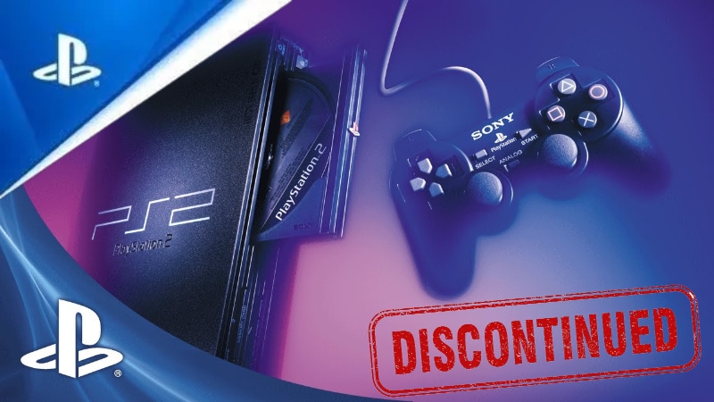 An upwards facing PS2 console with the controller next to it and the PlayStation logos bottom and top left