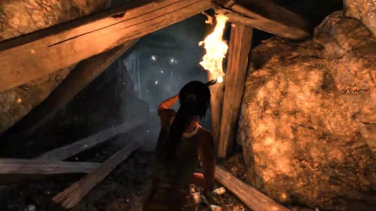 Lara Croft carrying a torch through a cave in Tomb Raider 2013.
