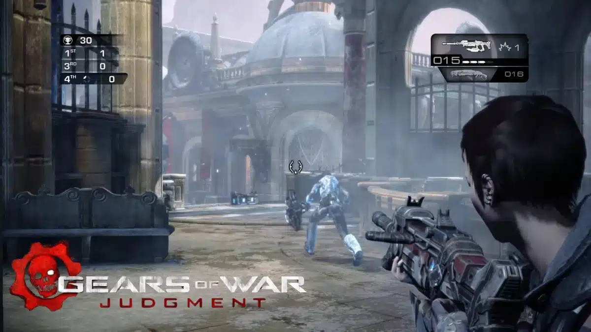 A player in Gears of War: Judgment aims a rifle at an armoured enemy in a ruined, futuristic city. Game HUD and logo are visible on the screen.