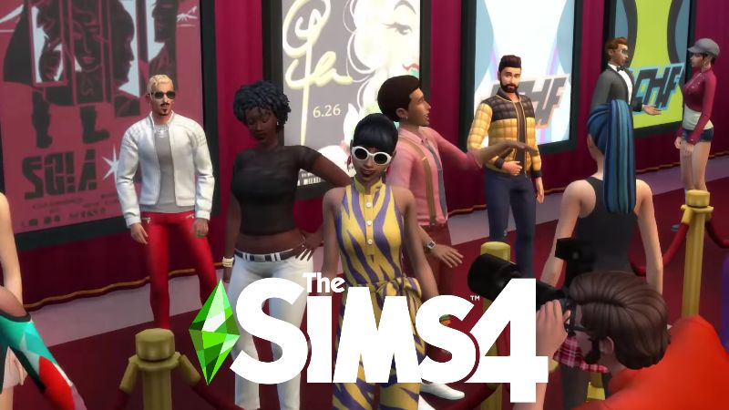 8 sims at a premier with a photographer and The Sims 4 logo bottom centre