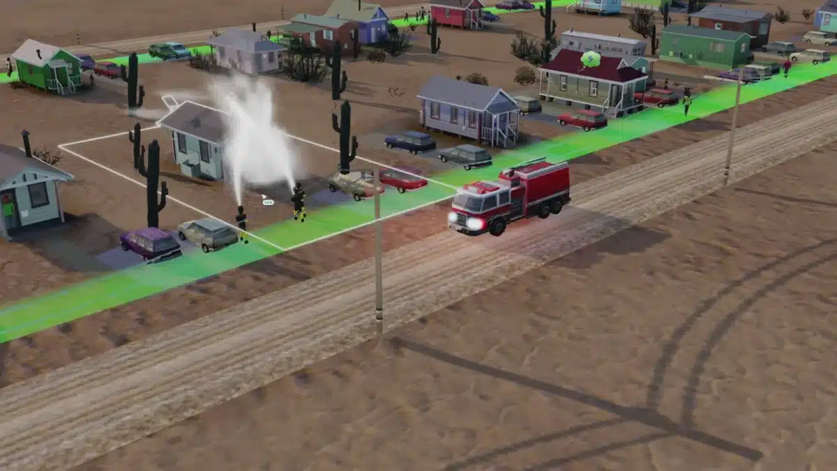 Sim City Is Now Available For Mac Users 2 A street in Sim City 2013 with a fire truck and firemen.