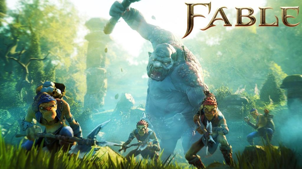 A blue giant about to slam attack characters in a fantasy woodlands