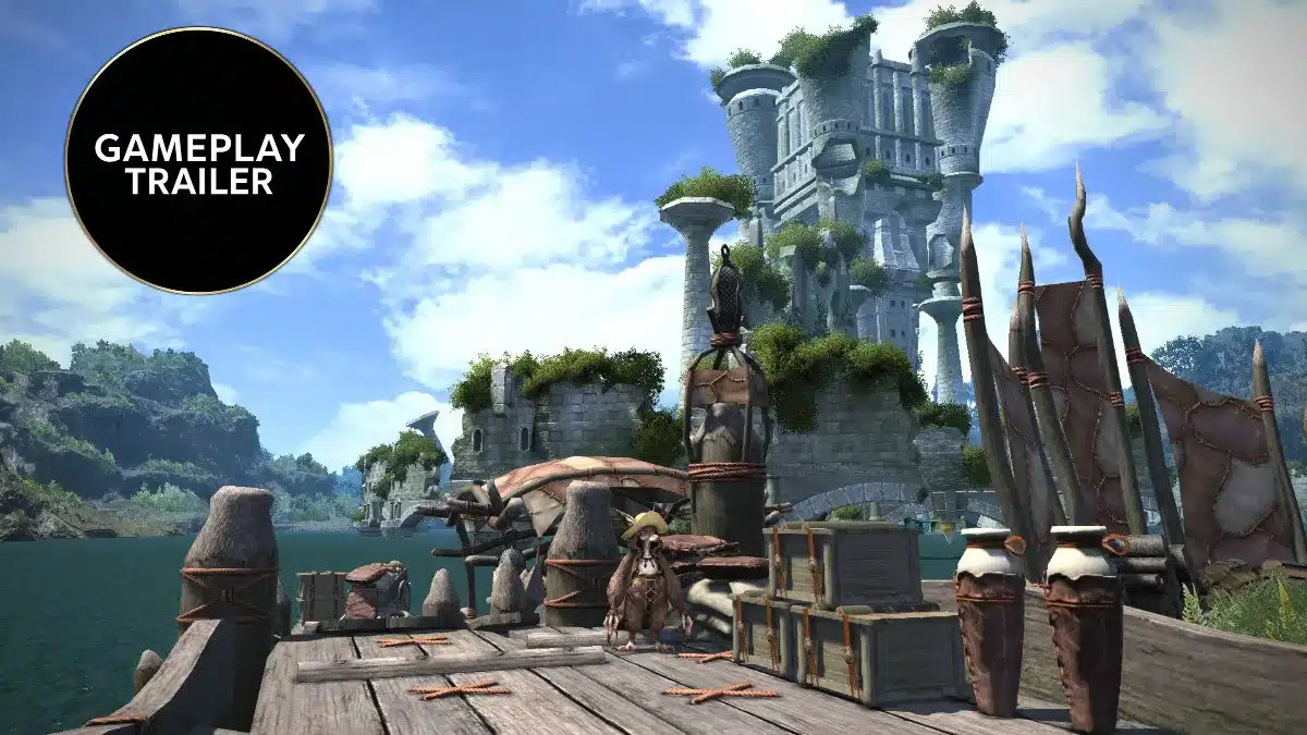 A vivid fantasy game scene depicts a character on a dock surrounded by crates and pots. A towering, ivy-covered castle and serene landscape set the adventurous tone.