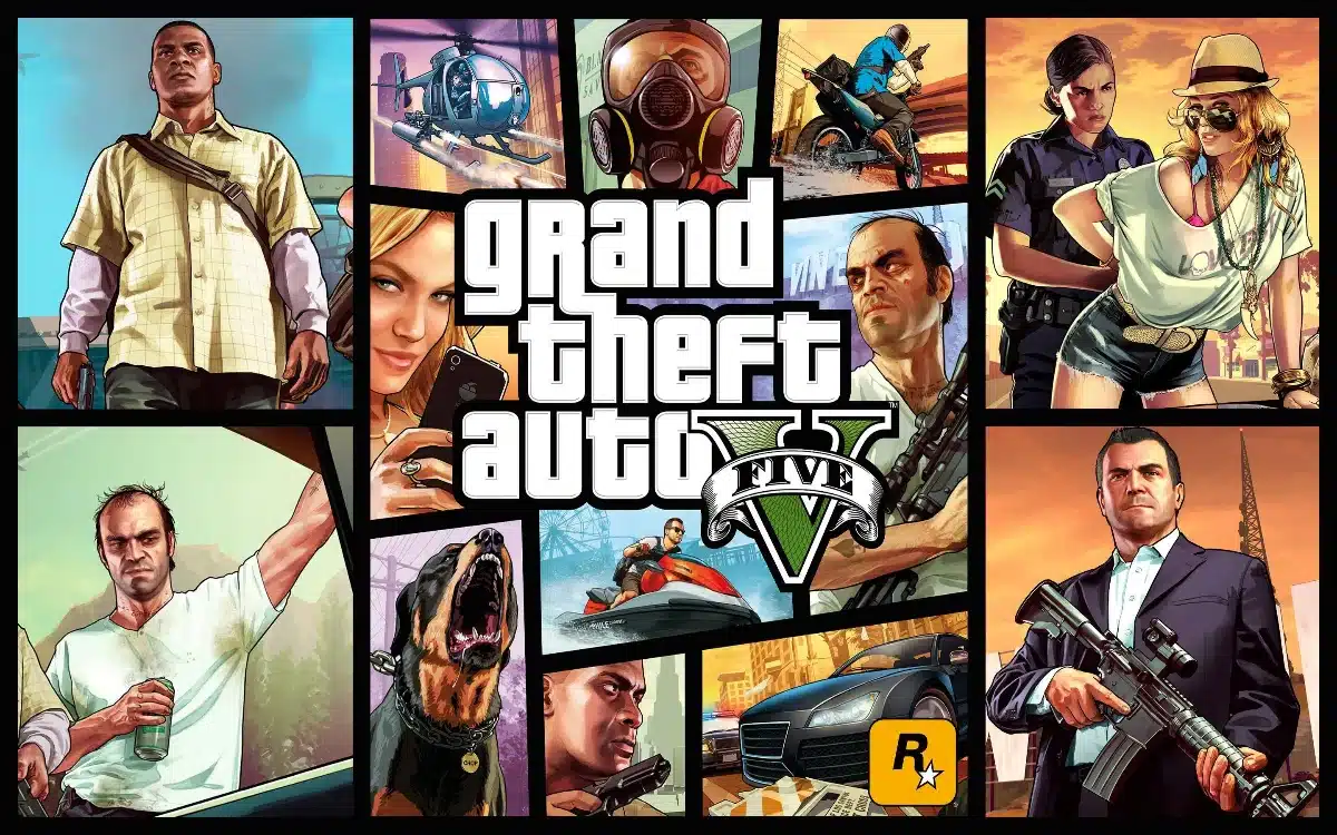 GTA 5 Classic Cover Art Featuring Several Characters in a Mosaic.