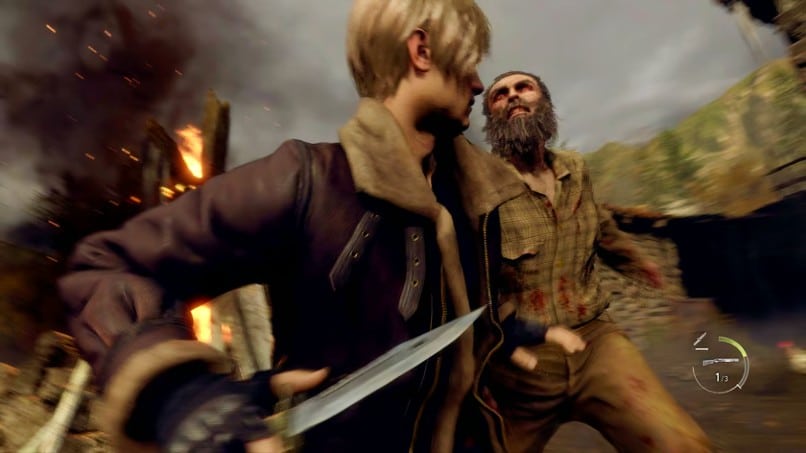 Leon S. Kennedy using his combat knife in the village.