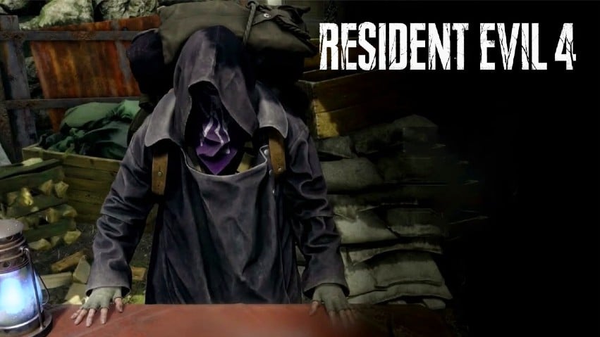 The Merchant from RE4 Remake waiting at his post.