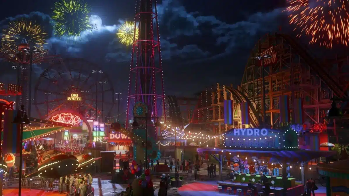 A vibrant amusement park at night in Marvel's Spider-Man 2's Coney Island.