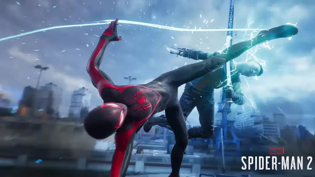 Miles Morales using his bioelectric powers during combat in Marvel’s Spider-Man 2