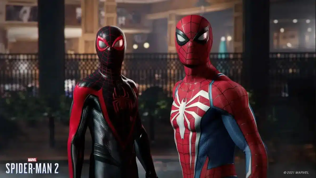 Peter Parker and Miles Morales preparing to fight together in Marvel’s Spider-Man 2