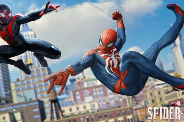 Peter Parker and Miles Morales swing through the city