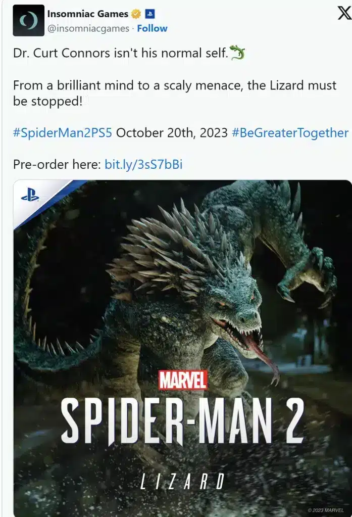 Insomniac Games post revealing the Lizard in Marvel’s Spider-Man 2