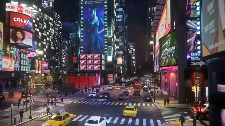 NYC Times Square in Marvel's Spider-Man 2, filled with bright billboards, traffic, and pedestrians.