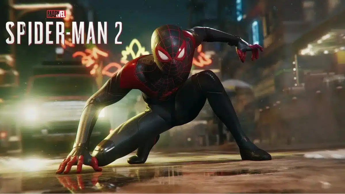 Miles Morales in his black and red Spider-Man suit preparing for combat in Marvel’s Spider-Man 2
