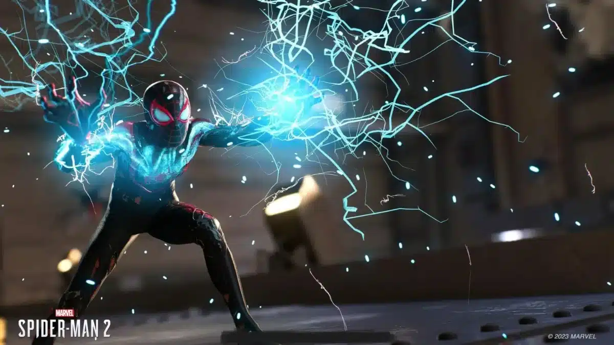 Miles Morales using his bioelectric powers in Marvel's Spider-Man 2