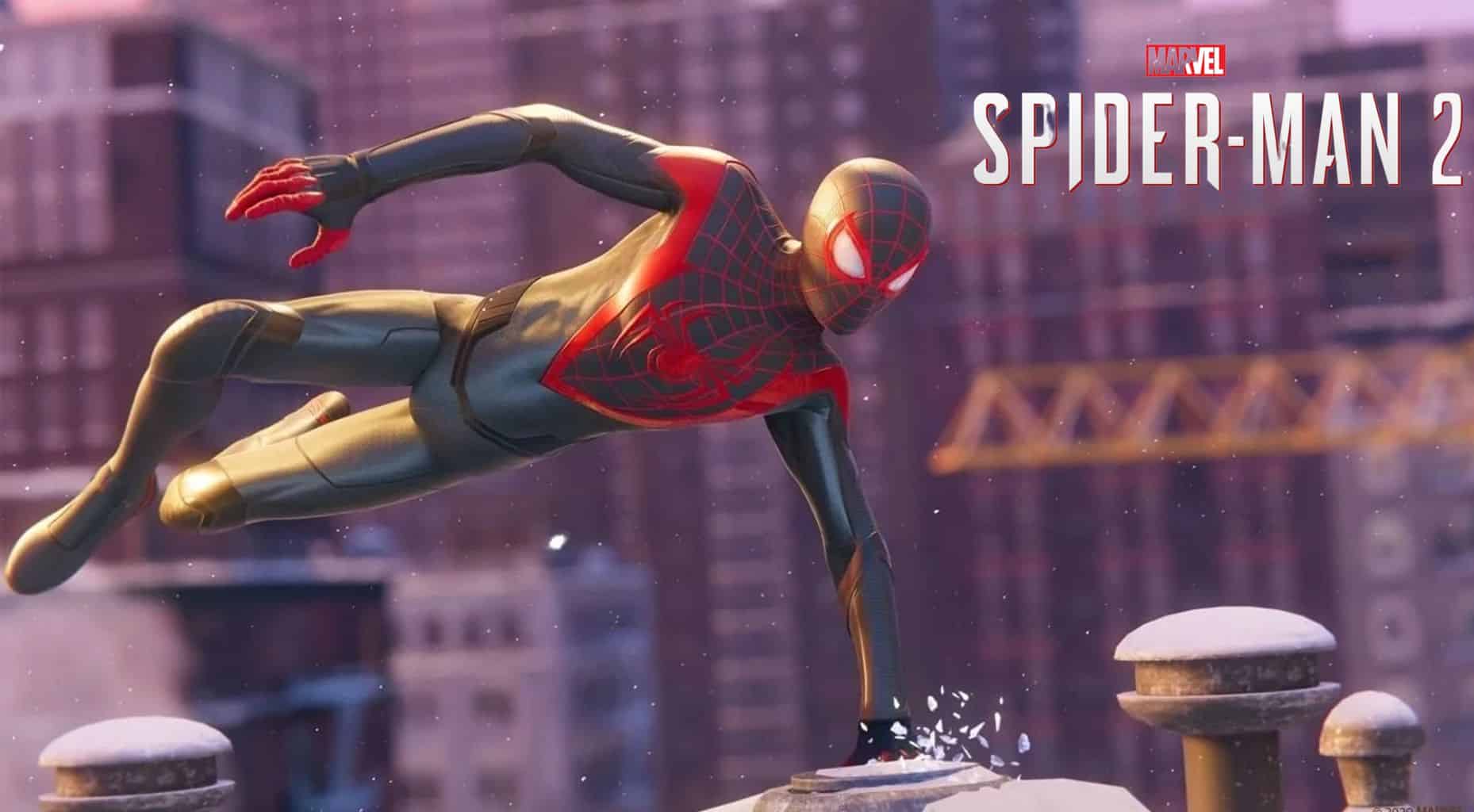 Miles parkour through the city in Marvel's Spider-Man 2.