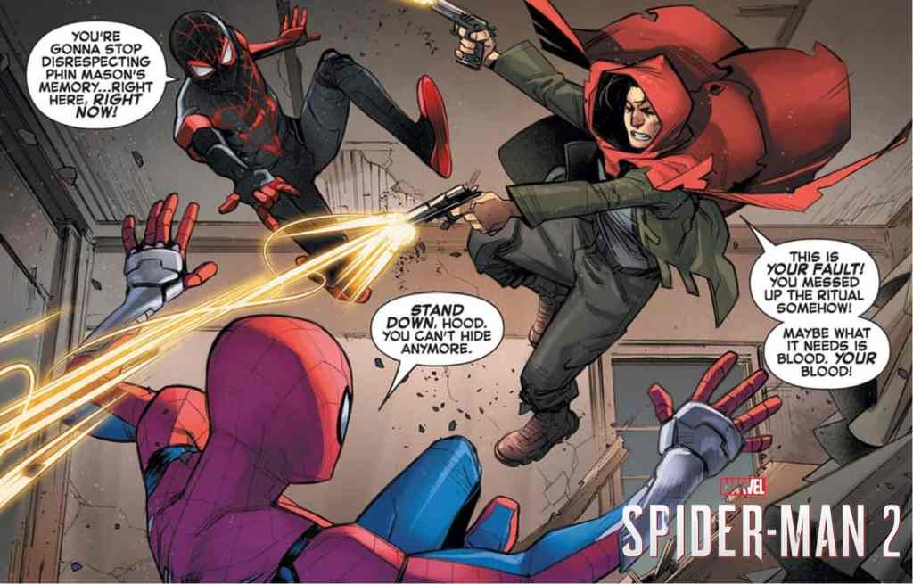 Comic scene showing Peter And Miles Fighting Hood.