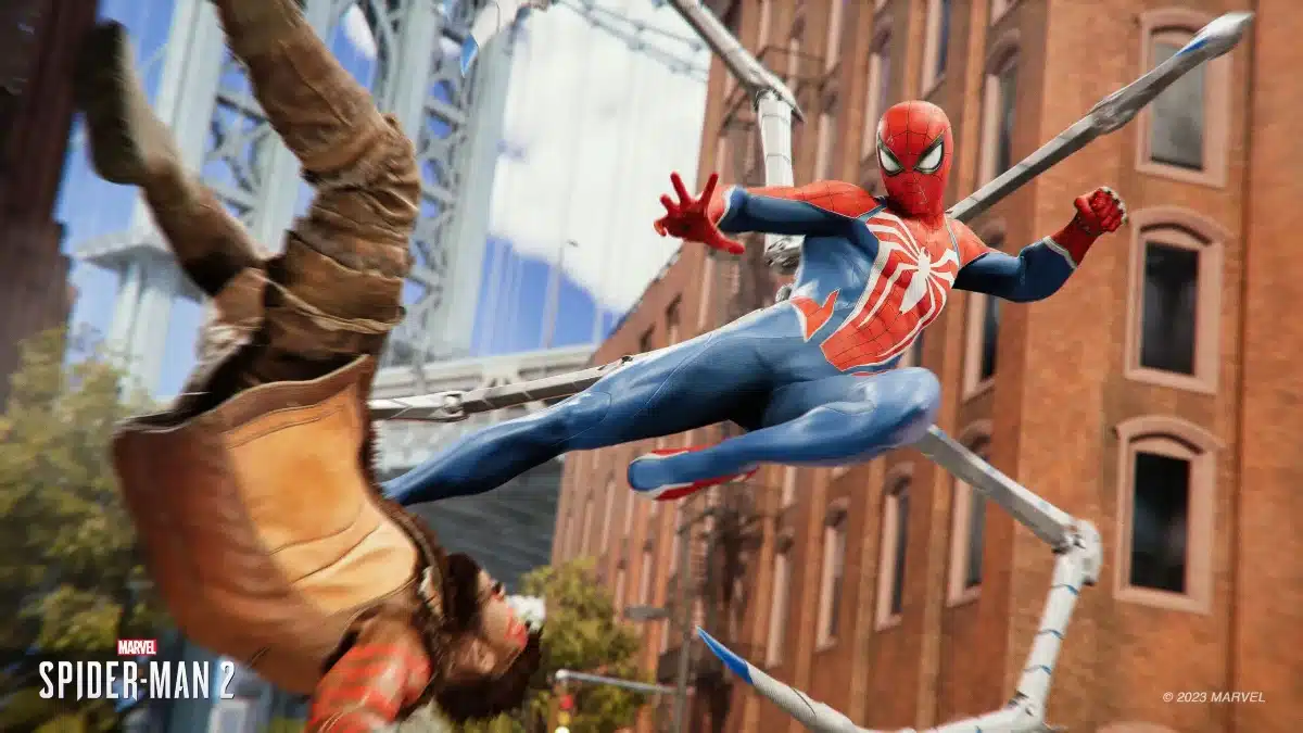 Peter Parker using web wings in Marvel's Spider-Man 2