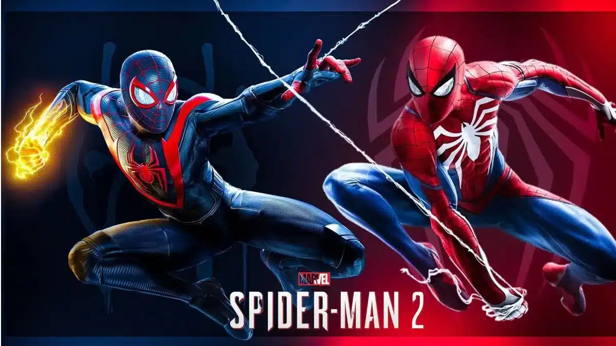Miles Morales with yellow bioelectricity beside Peter Parker in their Spider-Man suits