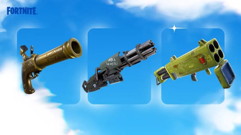 Fortnite Flint knock pistol, Minigun and Quad Launcher