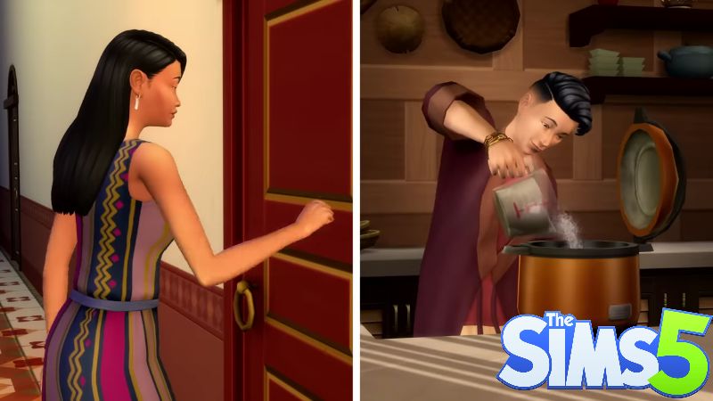 The Sims 5 Character Knocking on Door and Character Cooking