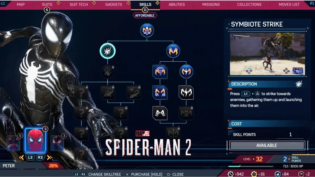 Spider-Man 2 Skills menu showing Peter Parker's Symbiote Strike ability, its description and the symbiote skill tree.