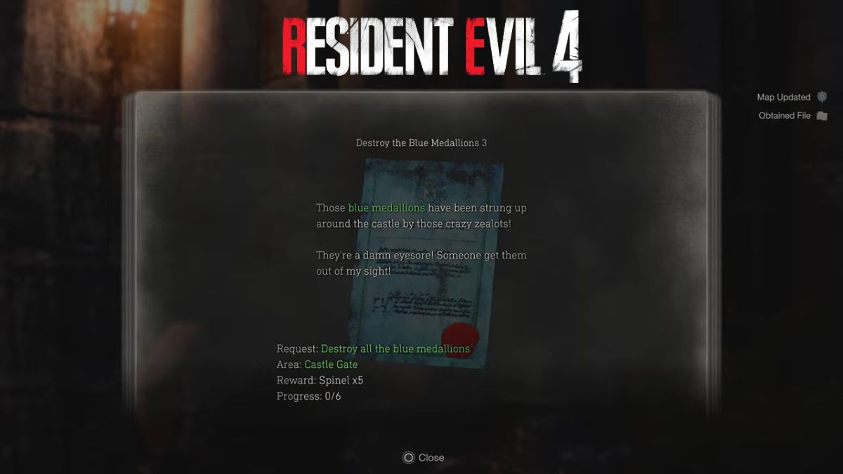Resident Evil 4 Remake - Castle Gate, Destroy the Blue Medallions 3 Blue Note Request