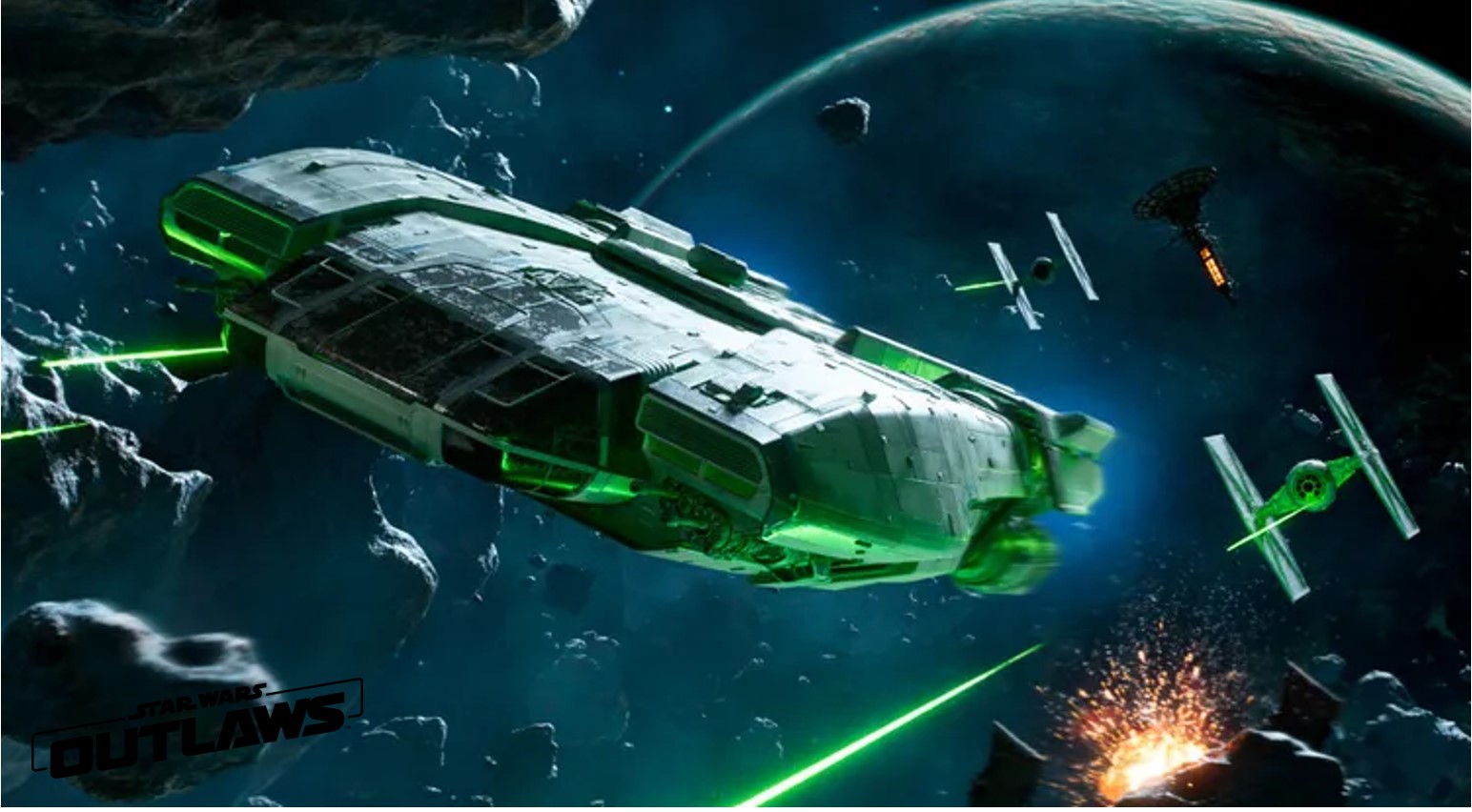 Star Wars Outlaws, A Ship in space fighting Tie Fighters
