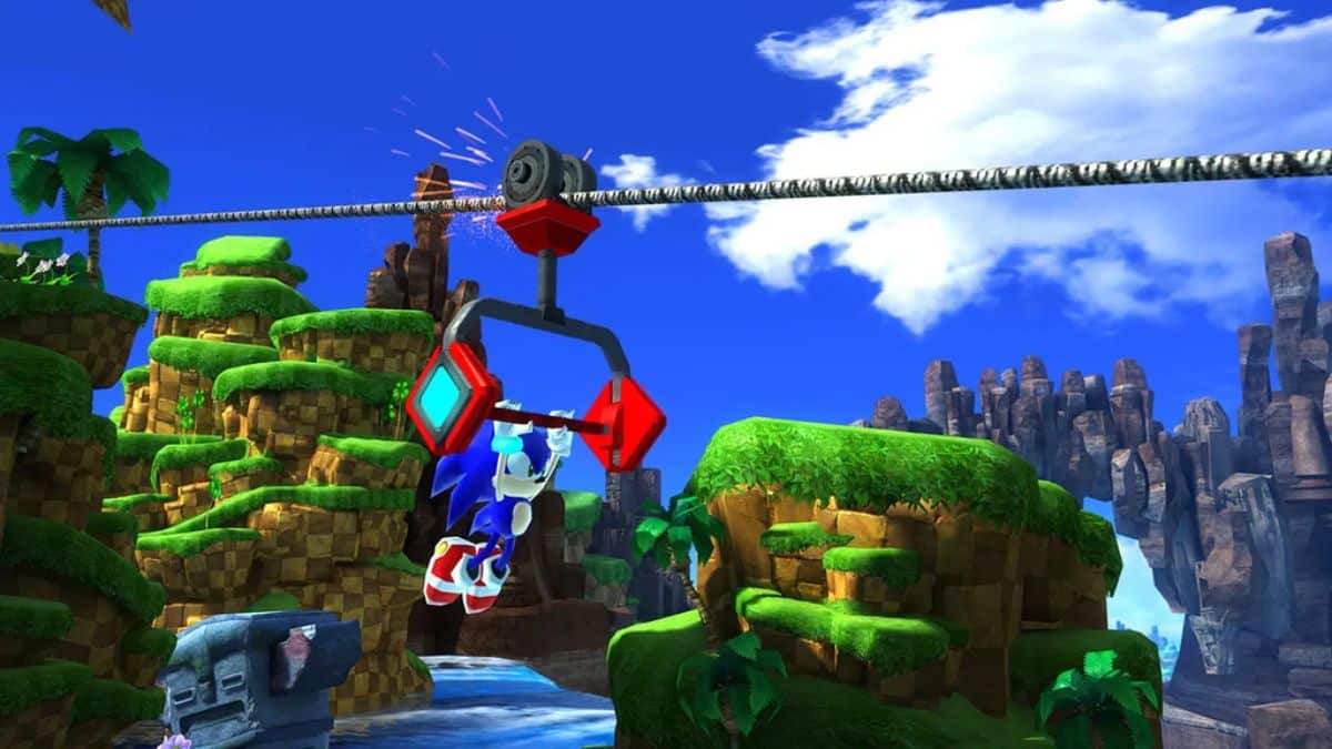 Sonic ziplining through Green Hill Zone Stage