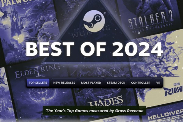 Best of 2024 text with the Steam logo and numerous video games as a background wallpaper