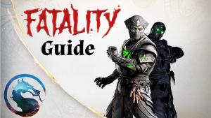 Fatality Guide text with Noob Saibot and Shadow posing and MK1 Logo bottom left