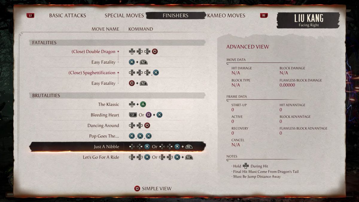 The Advanced View for the list of Brutalities in MK1 for Lui Kang
