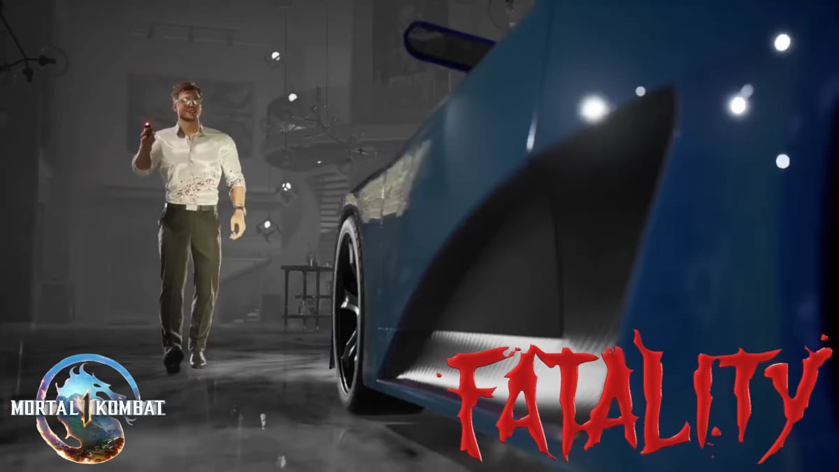 Johnny Cage using car keys to open a car door with Fatality in red writing