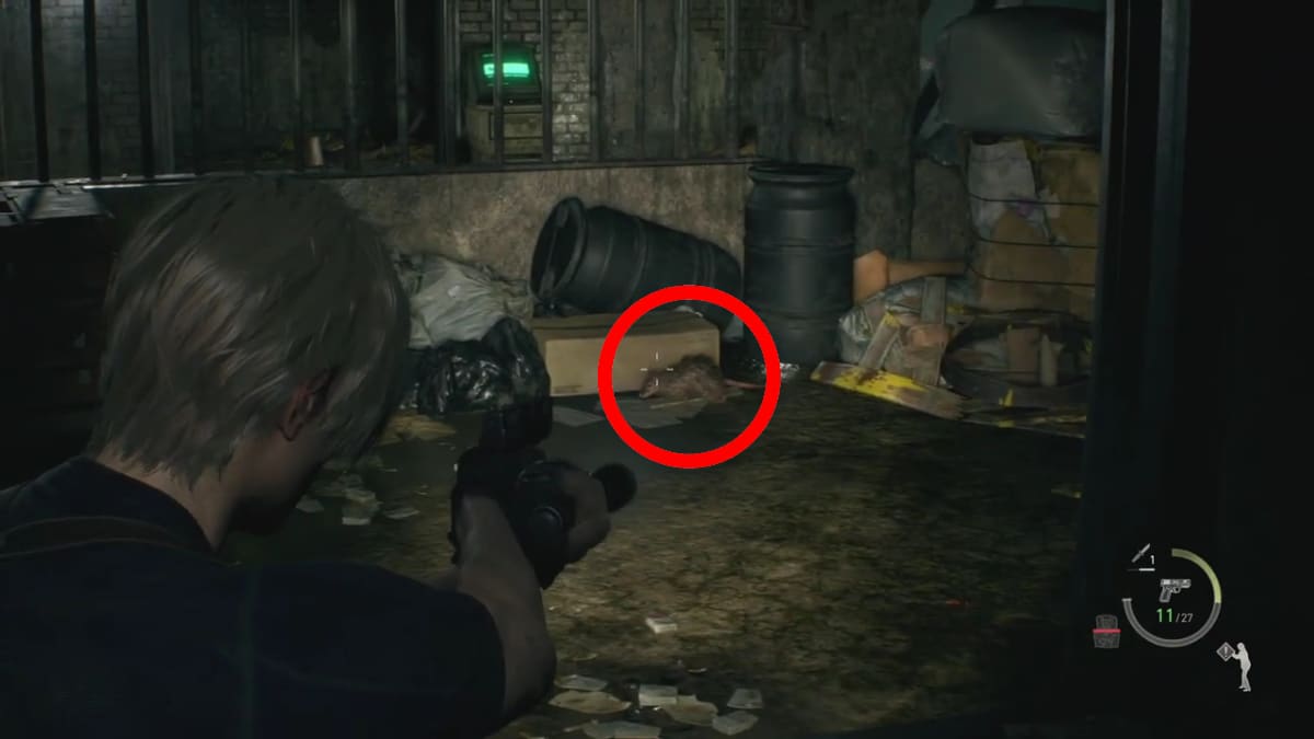 Resident Evil 4 Remake - Even More Pest Control Rat 2 circled with Leon aiming down sights