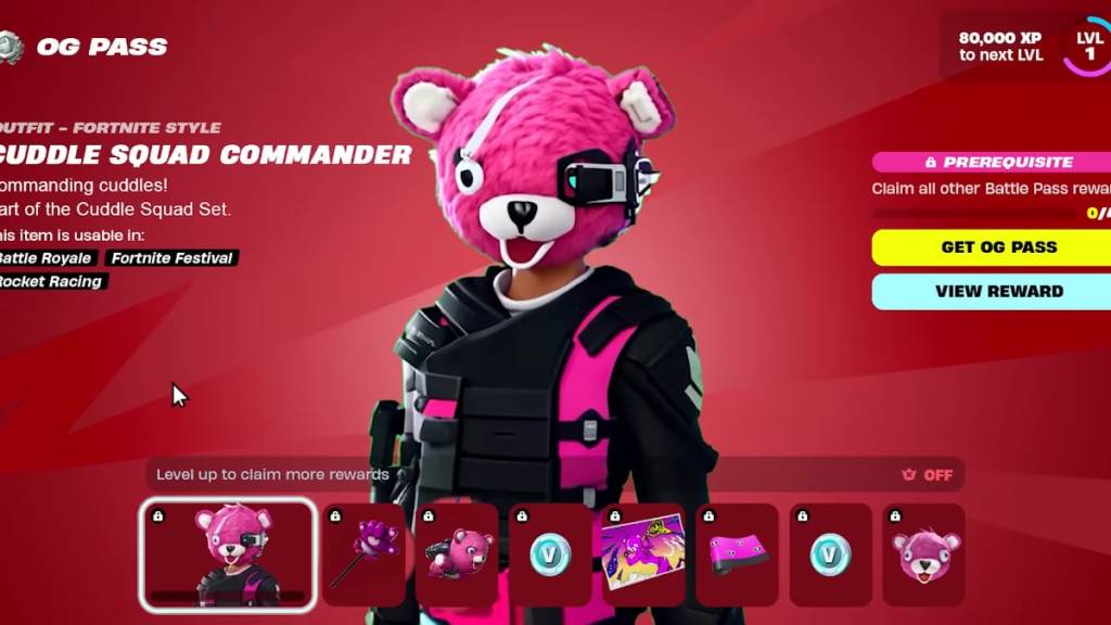 The battle pass screen in Fortnite with the focus on Cuddle Squad Leader skin