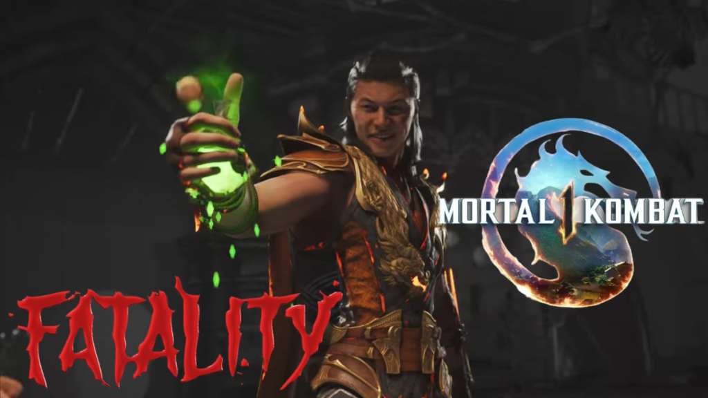 Shang Tsung holding a green potion with MK1 logo next to him