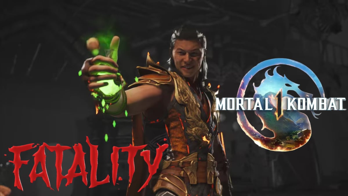 Shang Tsung holding a green potion with MK1 logo next to him