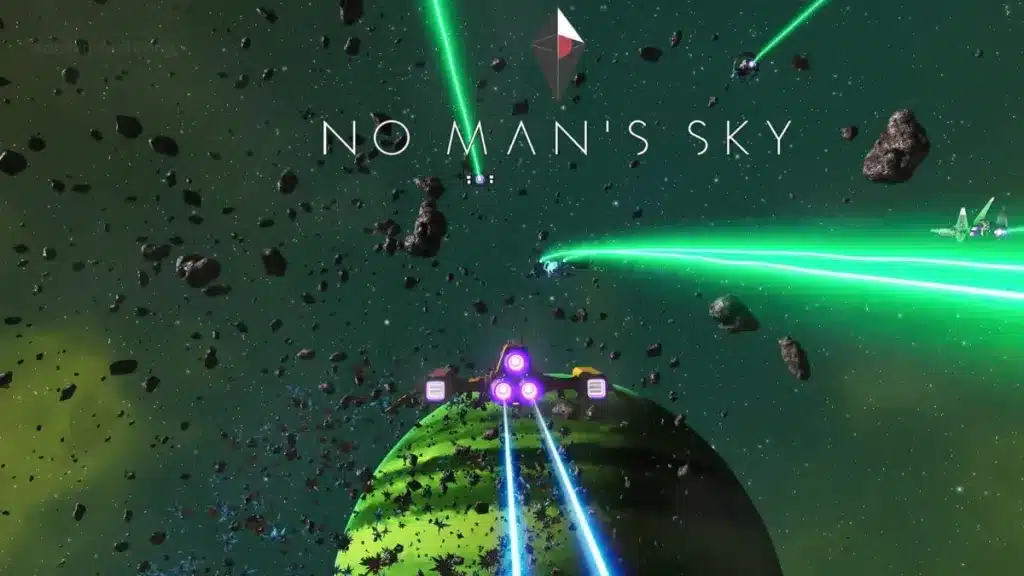 In space with a starship surrounded by asteroids and green beams