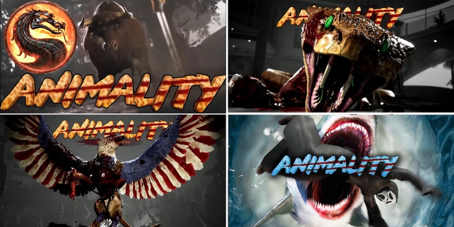 Top left a Bull, Top right a Cobra, Bottom left an Eagle, Bottom right a Shark all with Animality text over them