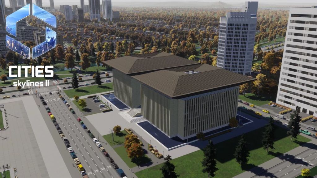 Cities: Skylines II China Region Pack Overview 2 An Arial view of the City Library in the China Region Pack