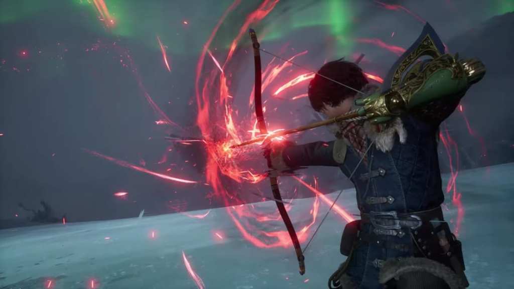 P holding and aiming a Long-Bow with red mythical flares shining around the arrow