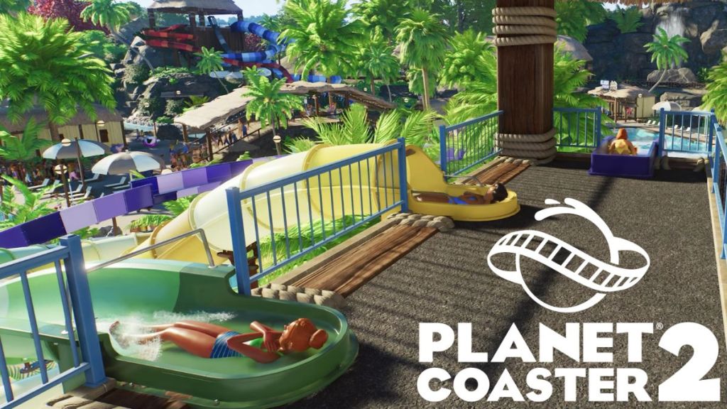 The top of a log-flume ride at a jungle themed amusement park