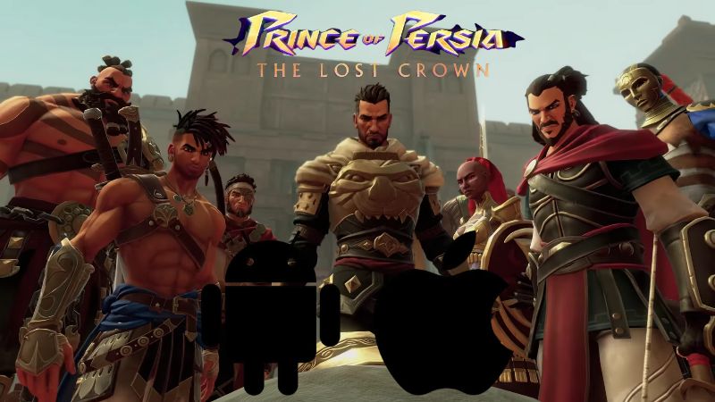 5 Prince of Persia characters surround logos for iOS and Android