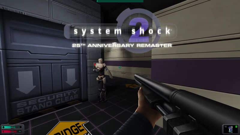 First-person view on the starship Von Braun holding a shotgun at an enemy in a corridor
