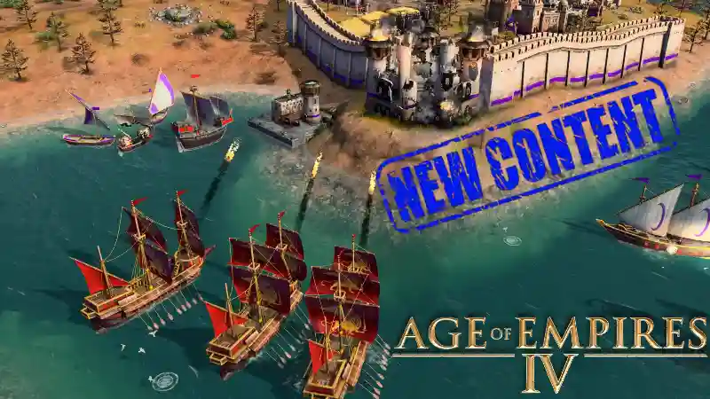 Age Of Empires IV Knights Of The Cross And Rose Expansion Now Live 1 An Age of Empires IV battle with 2 ships firing at a base on the coast