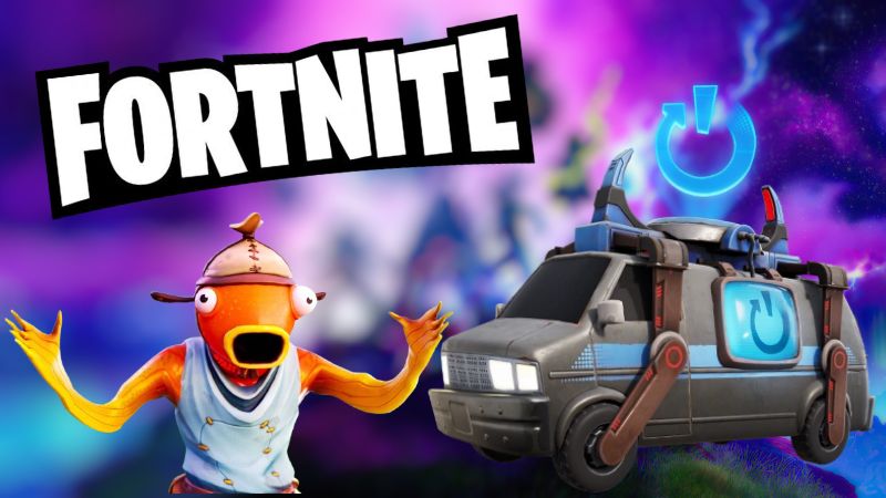 Fortnite logo top left, Fishstick shocked face bottom left, and a reboot van right