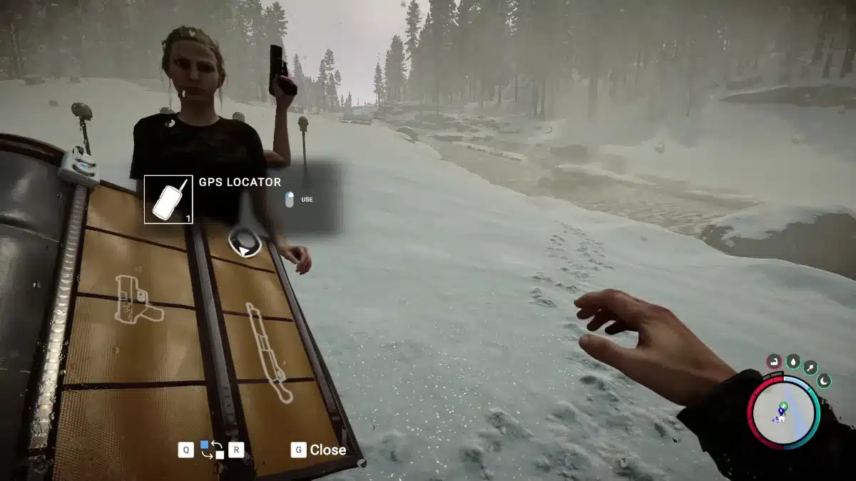 Virginia holding a Pistol while the player selects a GPS Locator from her backpack equipment menu in Sons of the Forest.