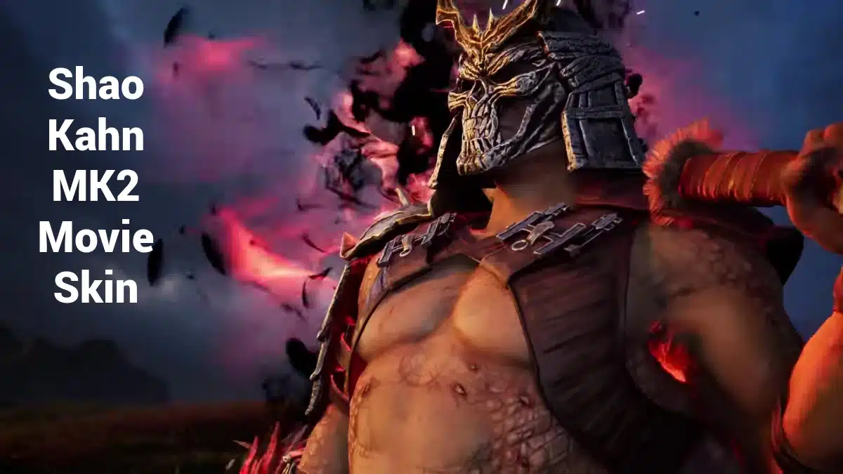 Shao Kahn wearing his horned metallic helmet and armour in the Mortal Kombat 1 MK2 movie skin.