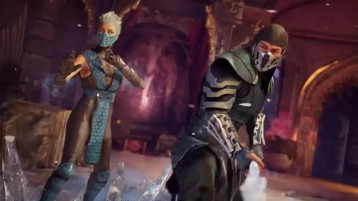Sub-Zero wearing black and grey armour and a face mask alongside Frost in Mortal Kombat 1.