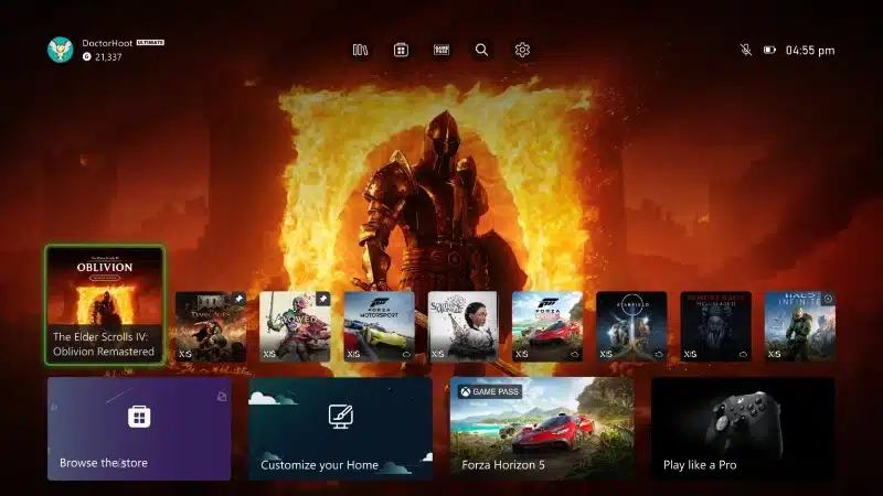 Xbox home ui menu featuring a personalised recently played games and apps section, with selected titles pinned and system apps concealed for a cleaner look.
