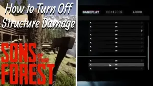Left an image of a wooden building in Sons of The Forest, right the settings for turning off structure damage